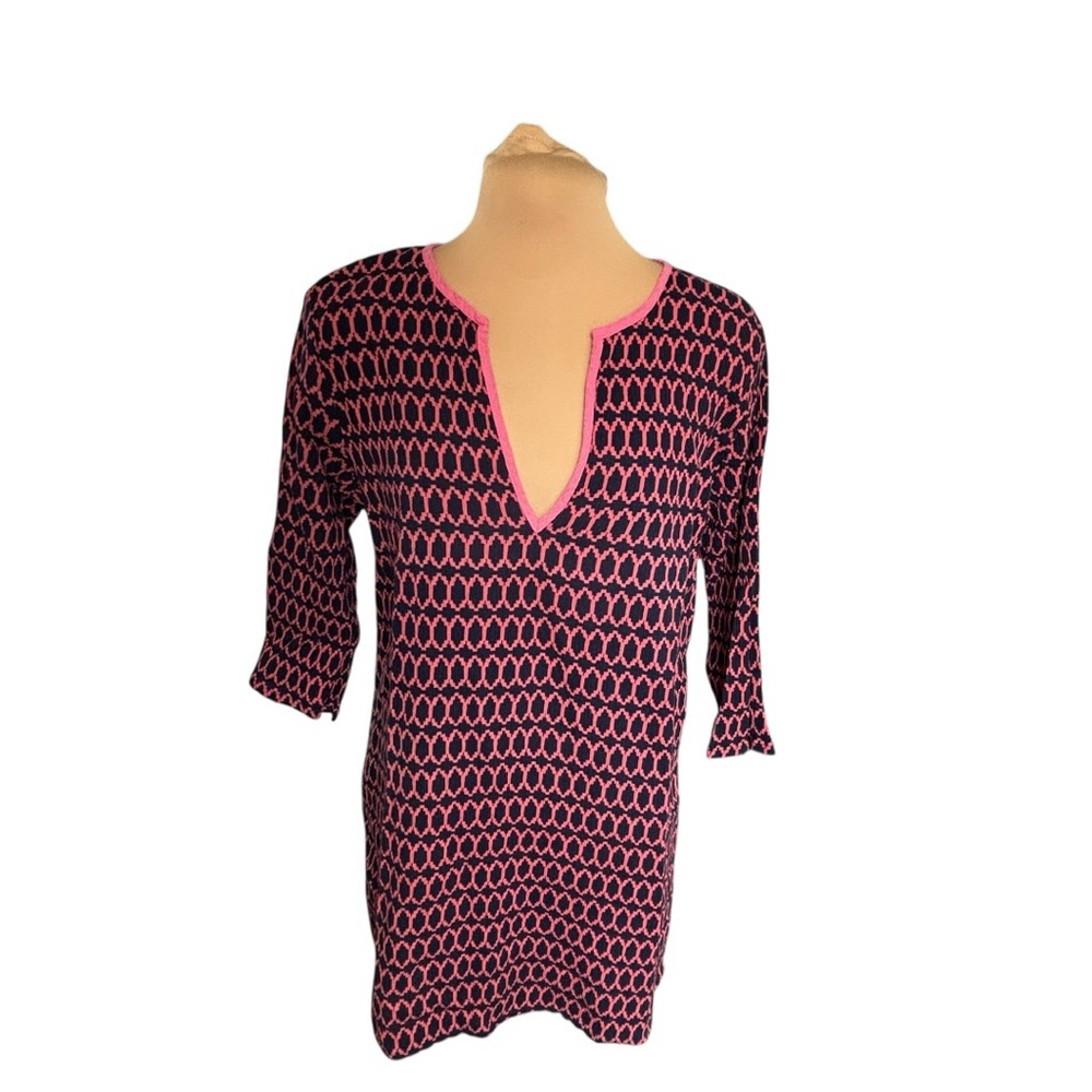 J.Crew Pink Navy Geometric Tunic Top Medium 3/4 Sleeve Split Neck Cotton
